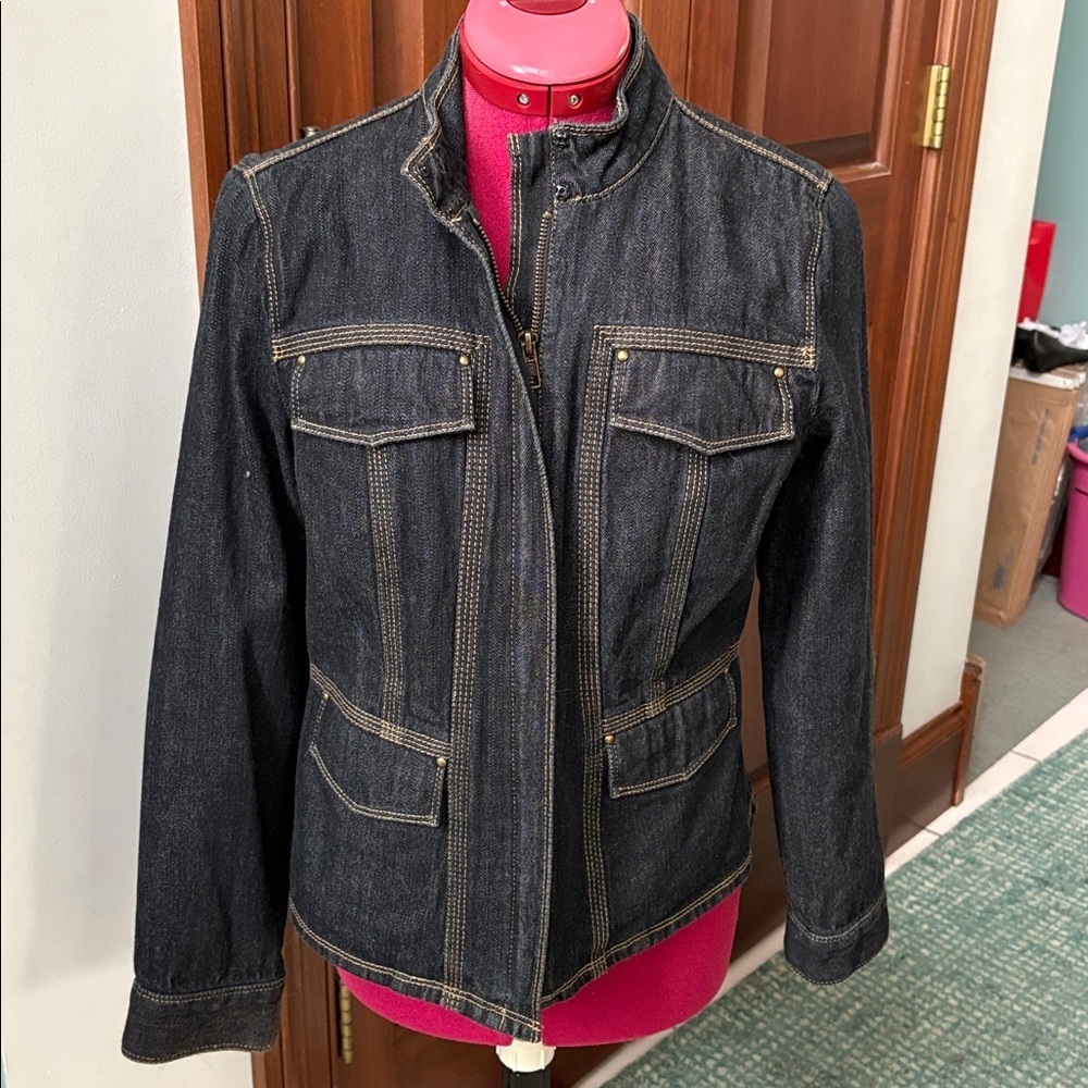 INC Petite Denim Jacket dark navy/black/gold stitching mock collar snap/zip cuff